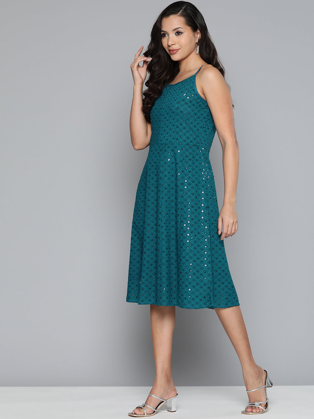 Jompers Women's Blue Floral Sequin Embroidered A-Line Midi Dress - Peacock - Distacart