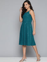 Thumbnail for Jompers Women's Blue Floral Sequin Embroidered A-Line Midi Dress - Peacock - Distacart