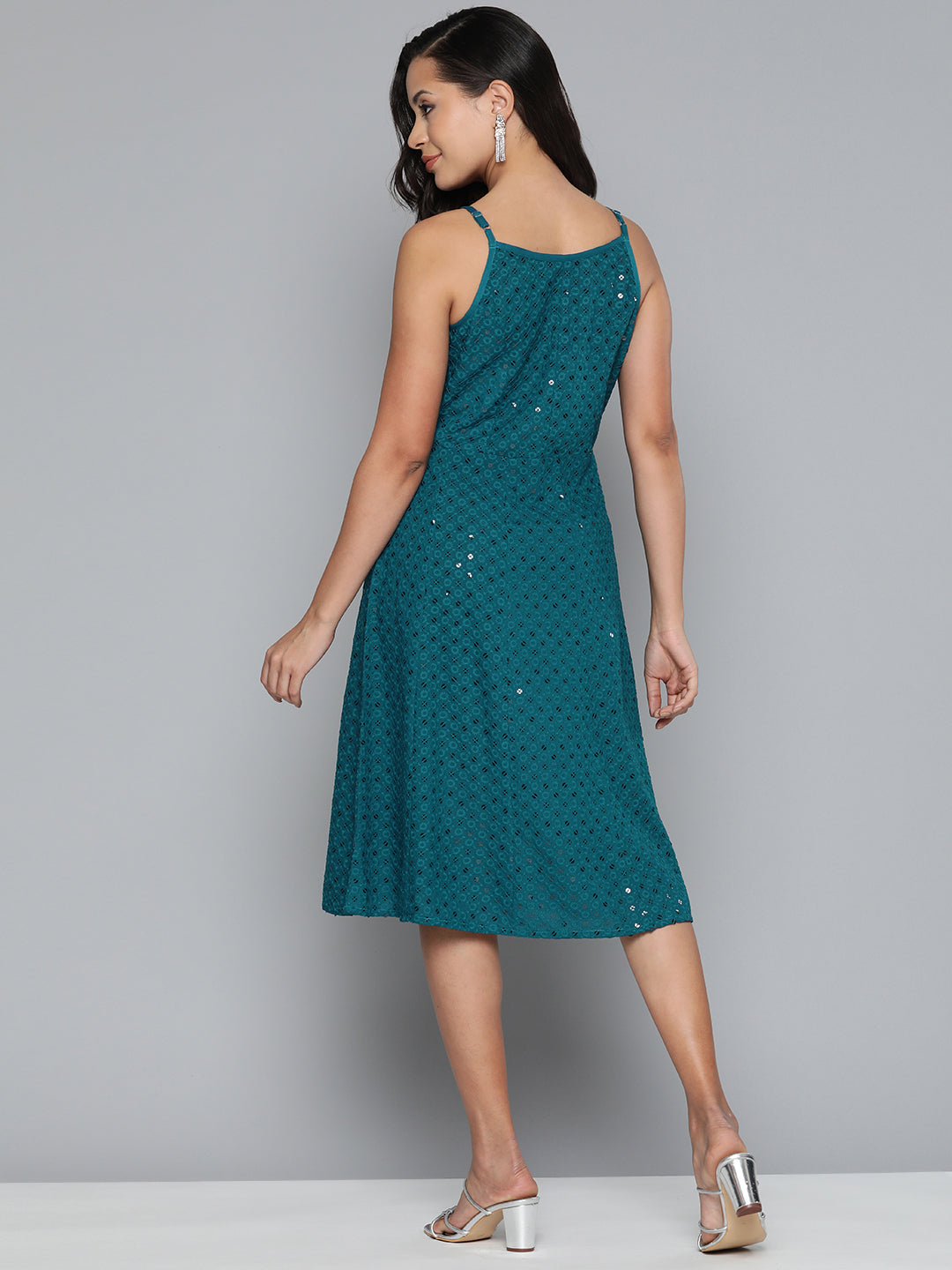 Jompers Women's Blue Floral Sequin Embroidered A-Line Midi Dress - Peacock - Distacart