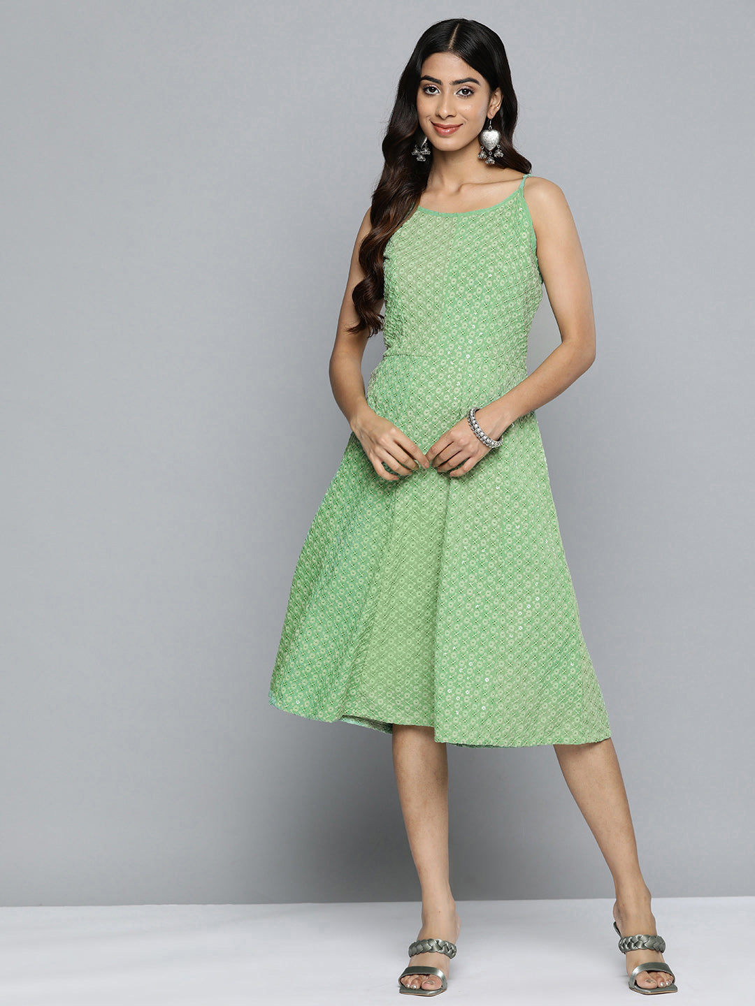 Jompers Women's Green Floral Sequin Embroidered A-Line Midi Dress - Distacart