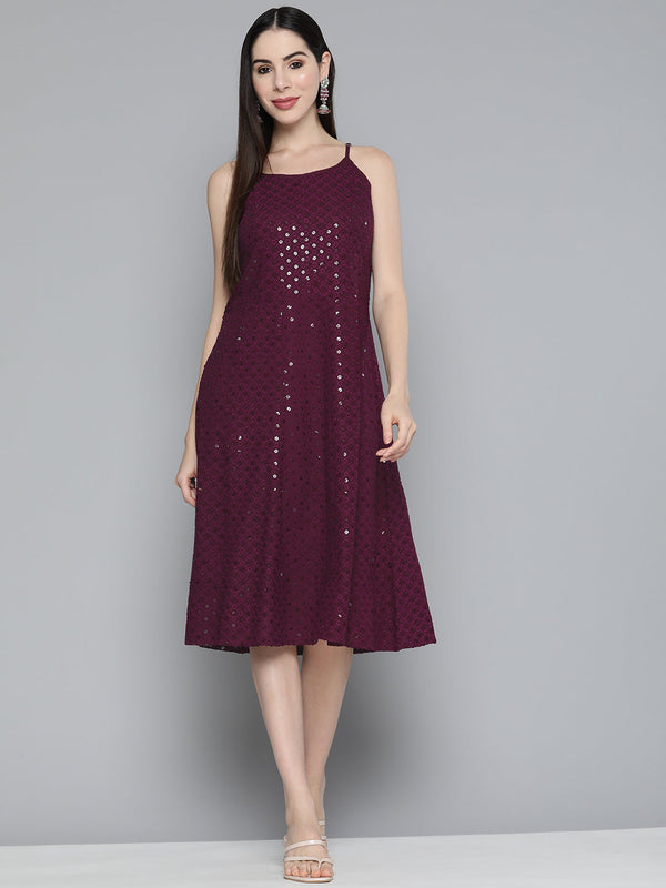 Jompers Women's Purple Floral Sequin Embroidered A-Line Midi Dress - Purple - Distacart