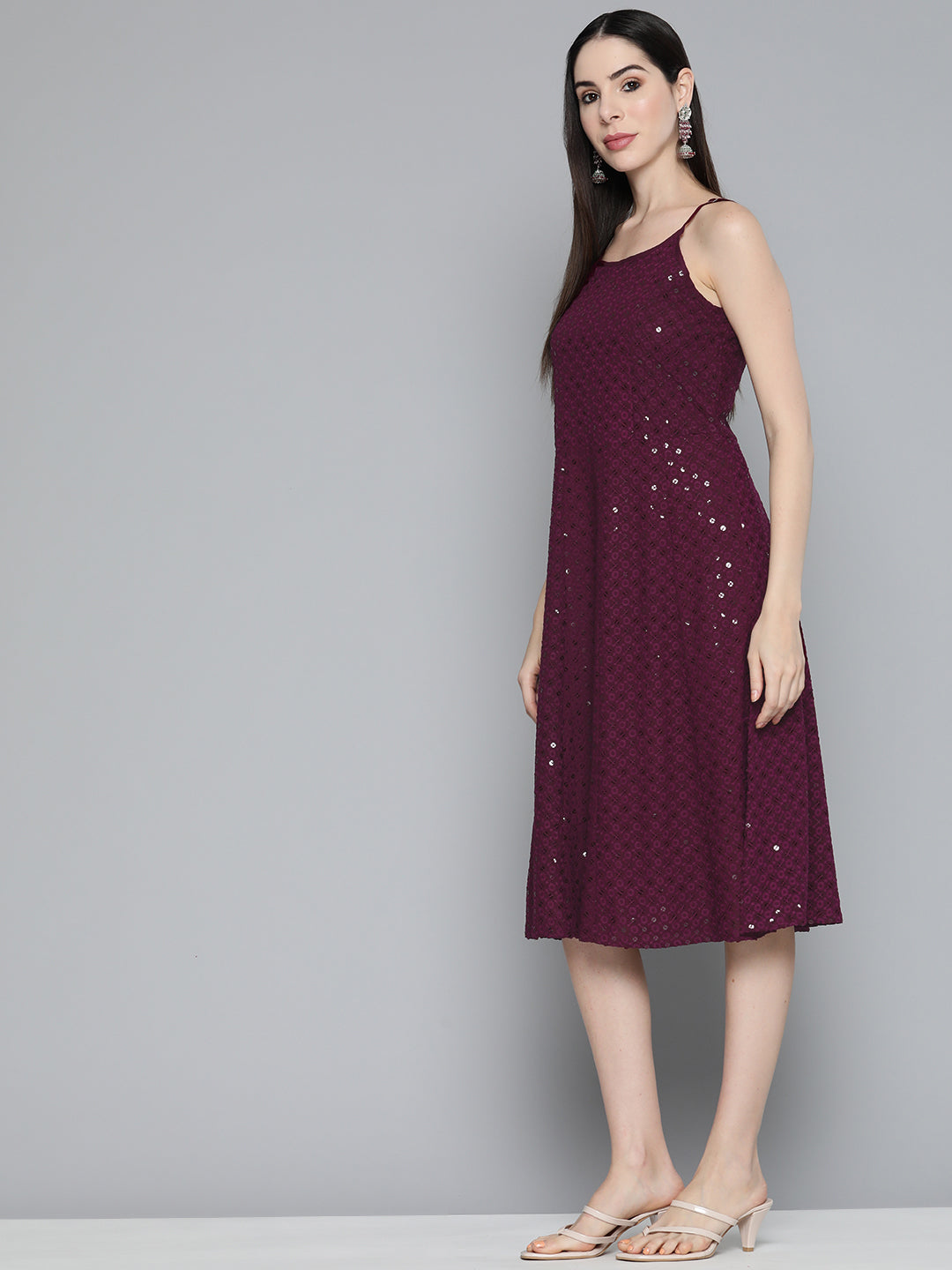 Jompers Women's Purple Floral Sequin Embroidered A-Line Midi Dress - Purple - Distacart