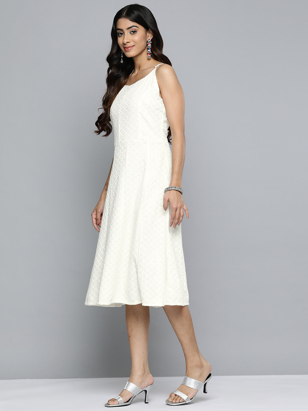 Jompers Women's White Floral Sequin Embroidered A-Line Midi Dress - Distacart
