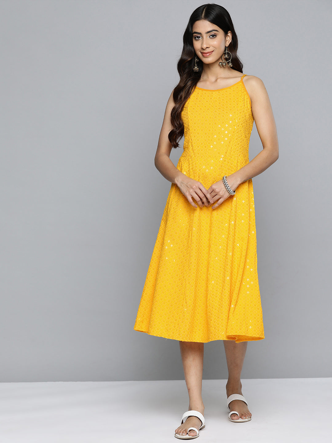 Jompers Women's Yellow Floral Sequin Embroidered A-Line Midi Dress - Distacart