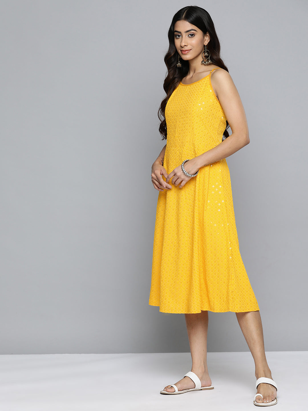 Jompers Women's Yellow Floral Sequin Embroidered A-Line Midi Dress - Distacart