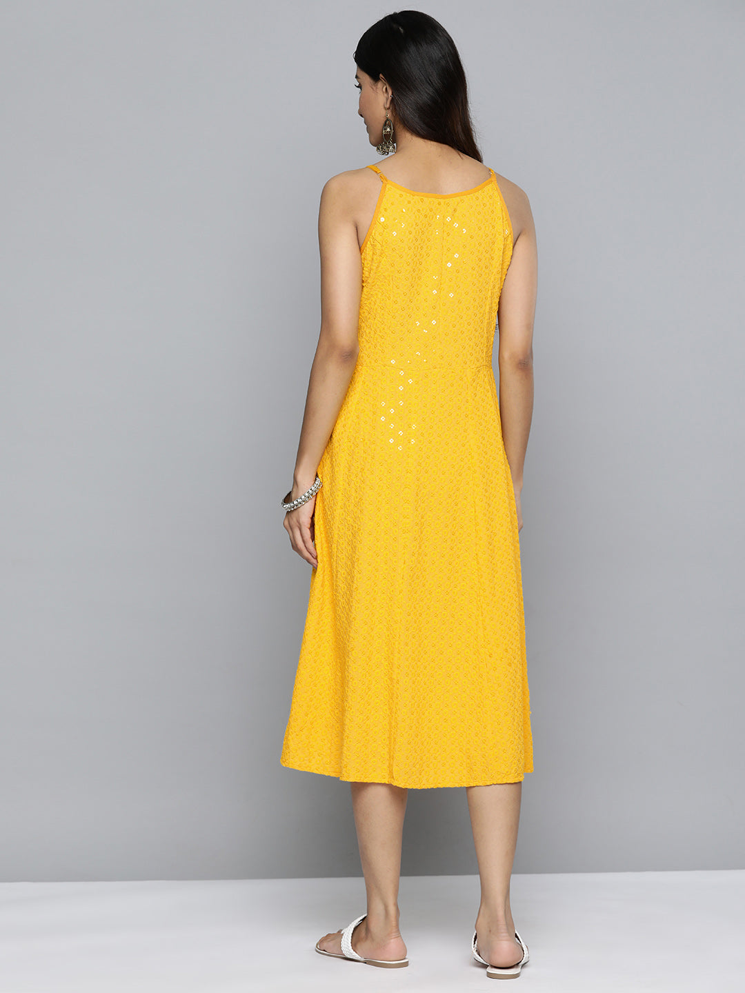 Jompers Women's Yellow Floral Sequin Embroidered A-Line Midi Dress - Distacart