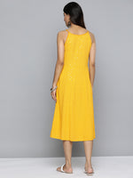 Thumbnail for Jompers Women's Yellow Floral Sequin Embroidered A-Line Midi Dress - Distacart