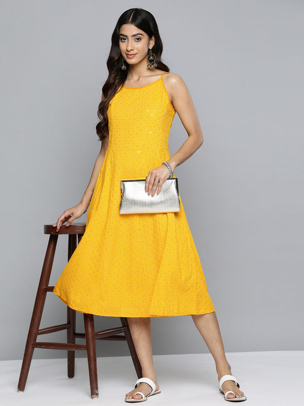 Jompers Yellow Floral Sequin Embroidered A-Line Midi Dress XL / Yellow Jompers Yellow Floral Sequin Embroidered A-Line Midi Dress XL / Yellow