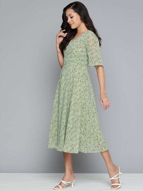 Jompers Women's Floral Georgette A-Line Midi Dress - Green - Distacart