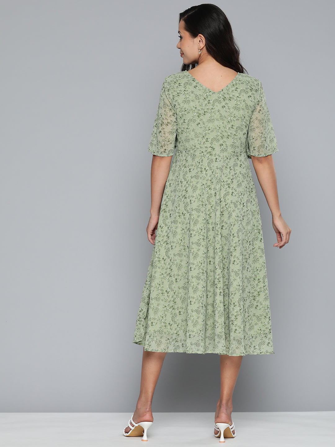 Jompers Women's Floral Georgette A-Line Midi Dress - Green - Distacart