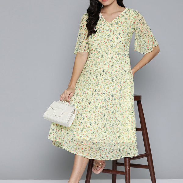 Jompers Women's Floarl print flared georgette dress - Off-White - Distacart