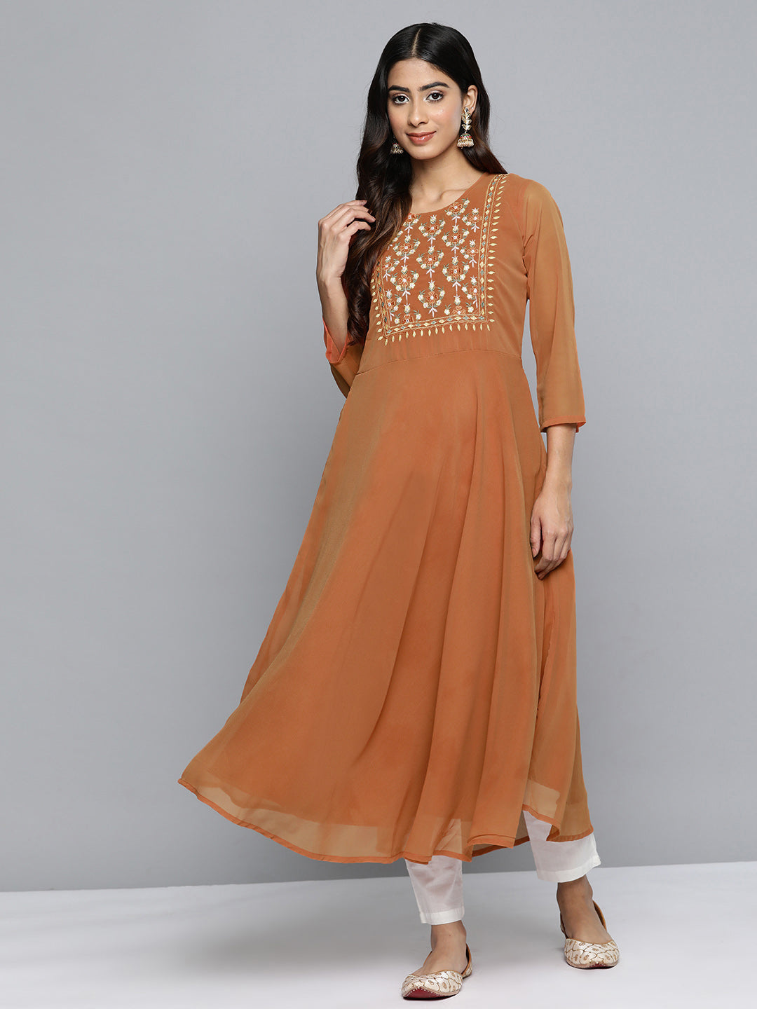 Jompers Women's Floral Embroidered Thread Work Floral Georgette Anarkali Kurta - Orange - Distacart