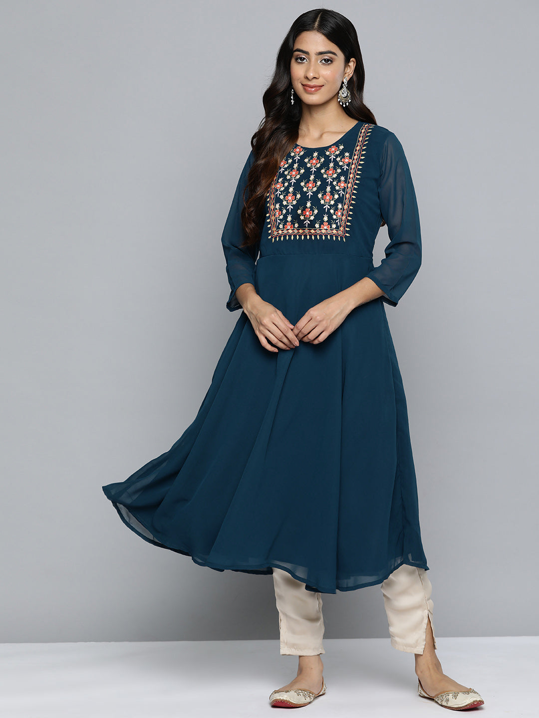 Jompers Women's Floral Embroidered Thread Work Floral Georgette Anarkali Kurta - Teal - Distacart