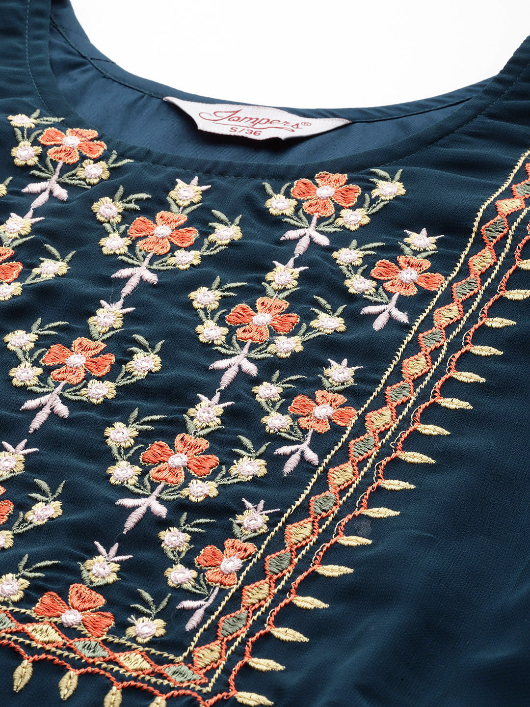 Jompers Women's Floral Embroidered Thread Work Floral Georgette Anarkali Kurta - Teal - Distacart