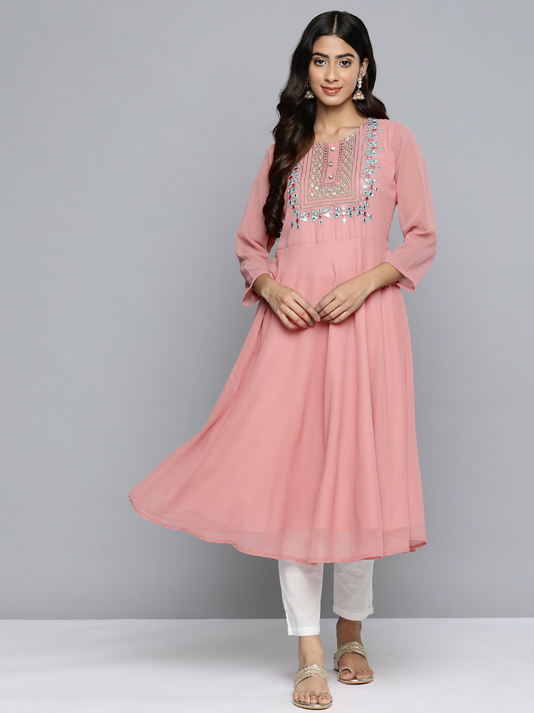 Jompers Women's Geometric Embroidered Mirror Work Georgette Anarkali Kurta - Coral - Distacart