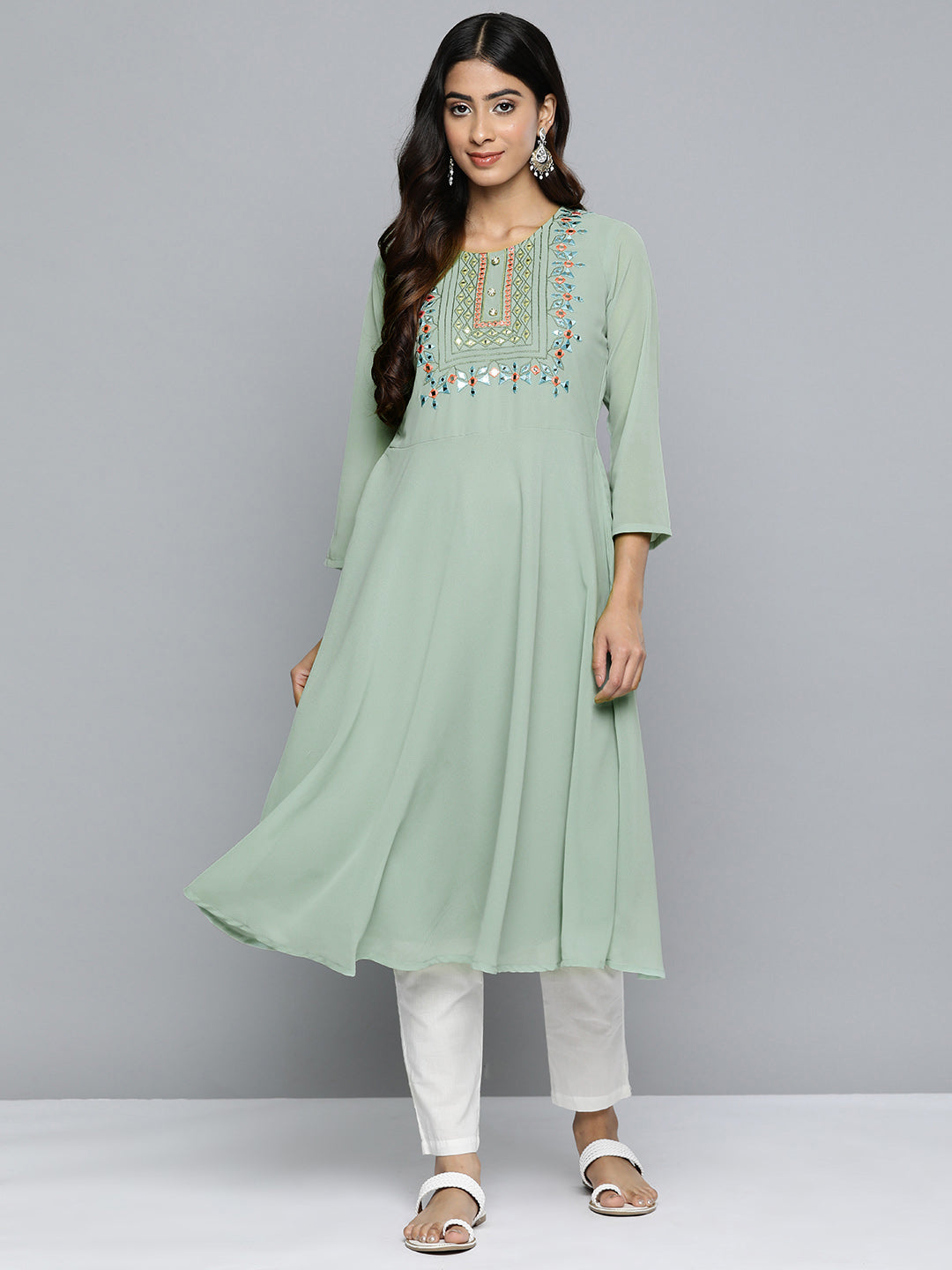 Jompers Women's Geometric Embroidered Mirror Work Georgette Anarkali Kurta - Green - Distacart
