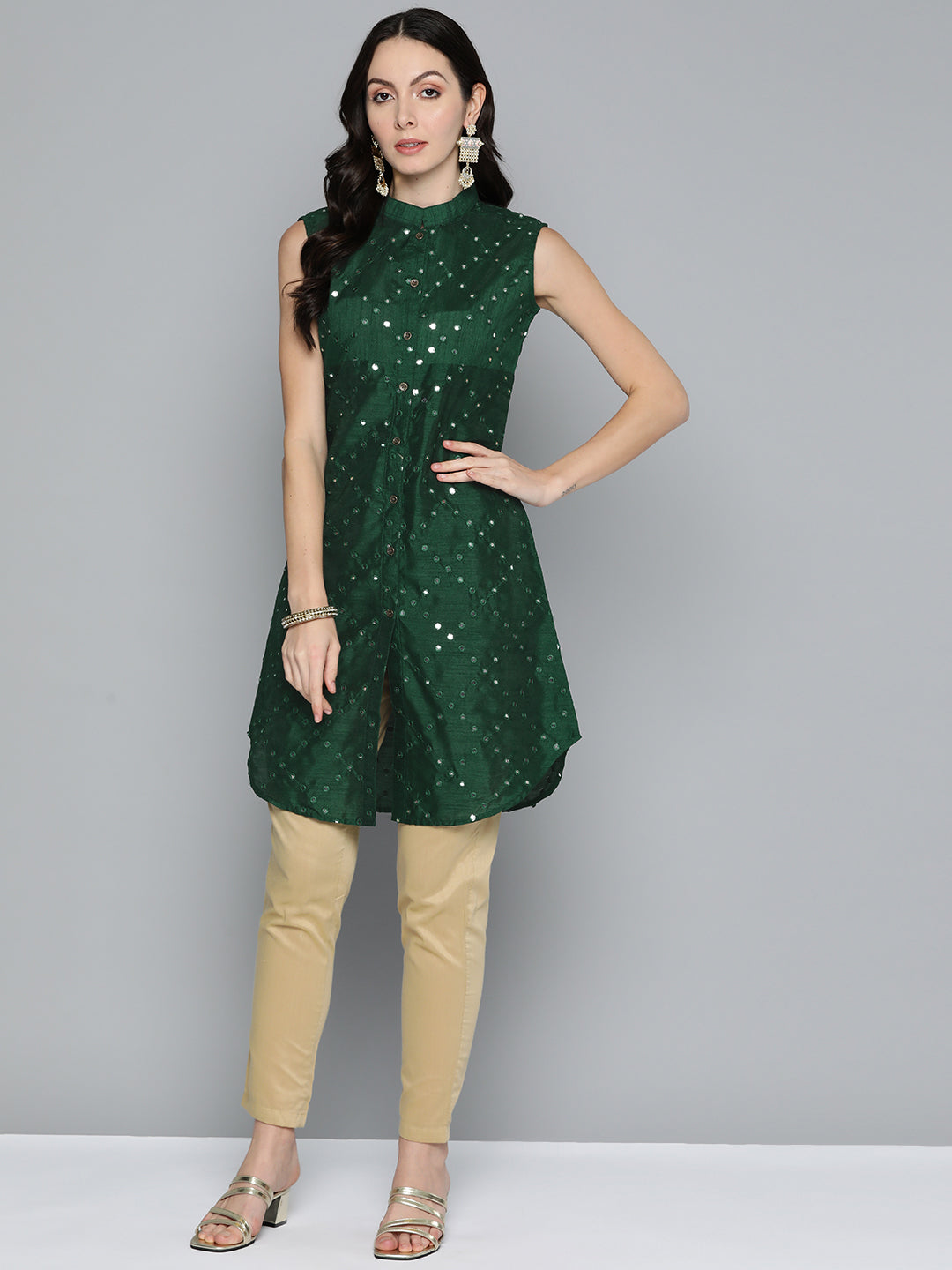 Jompers Women's Geometric Embroidered Mirror Work Kurta - Green - Distacart