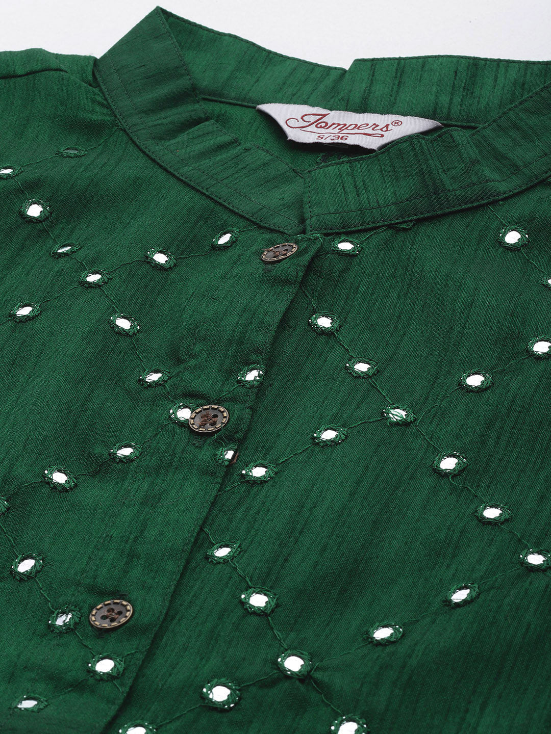 Jompers Women's Geometric Embroidered Mirror Work Kurta - Green - Distacart