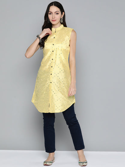 Jompers Women's Geometric Embroidered Mirror Work Kurta - Lemon - Distacart
