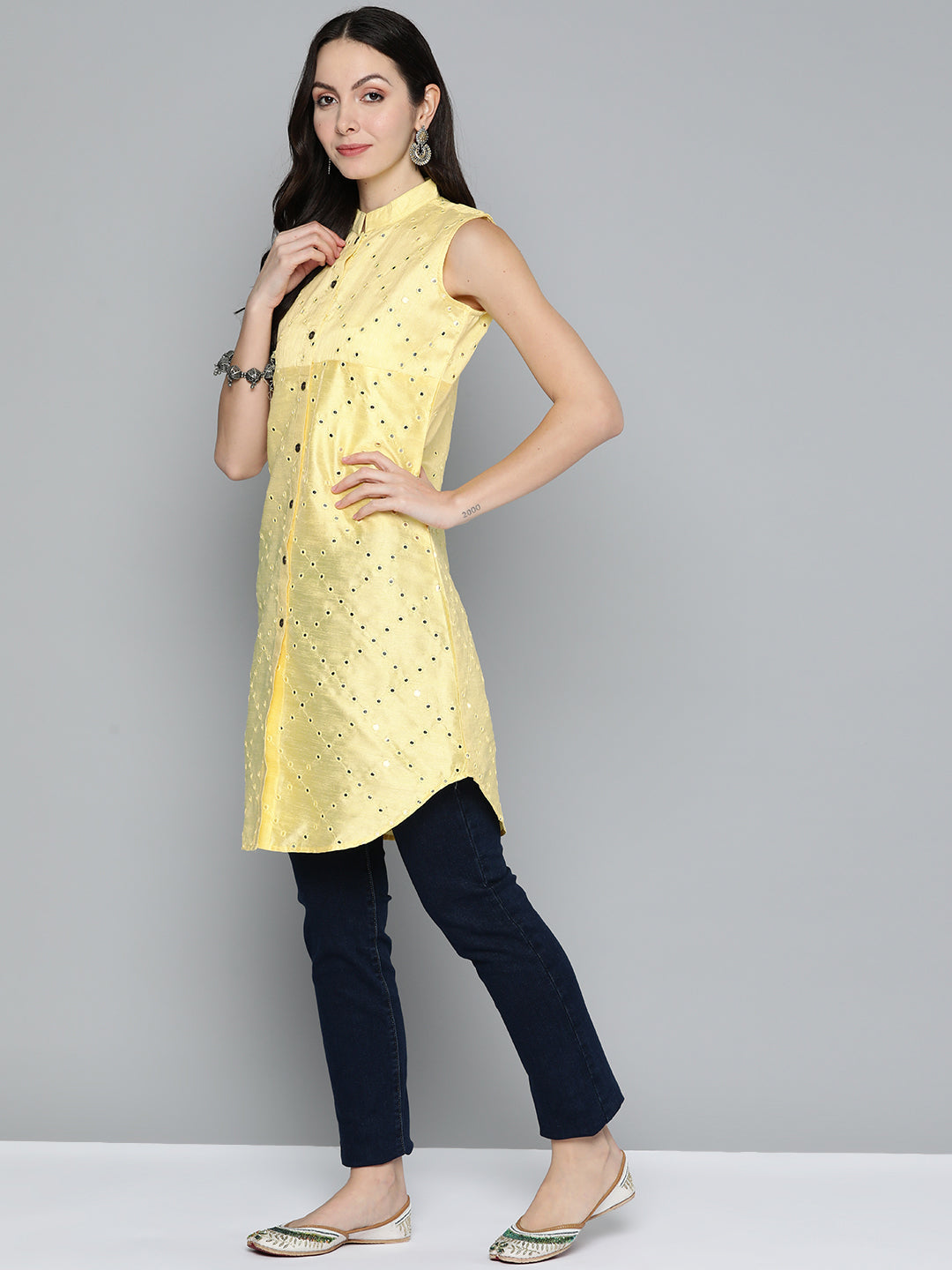 Jompers Women's Geometric Embroidered Mirror Work Kurta - Lemon - Distacart