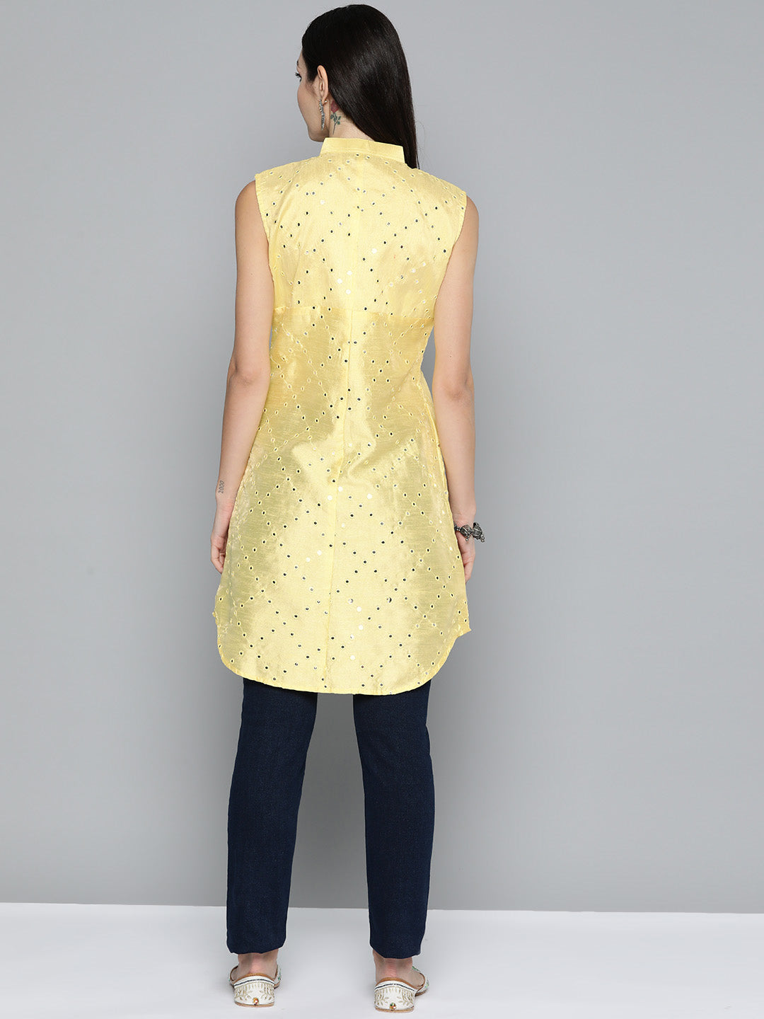 Jompers Women's Geometric Embroidered Mirror Work Kurta - Lemon - Distacart