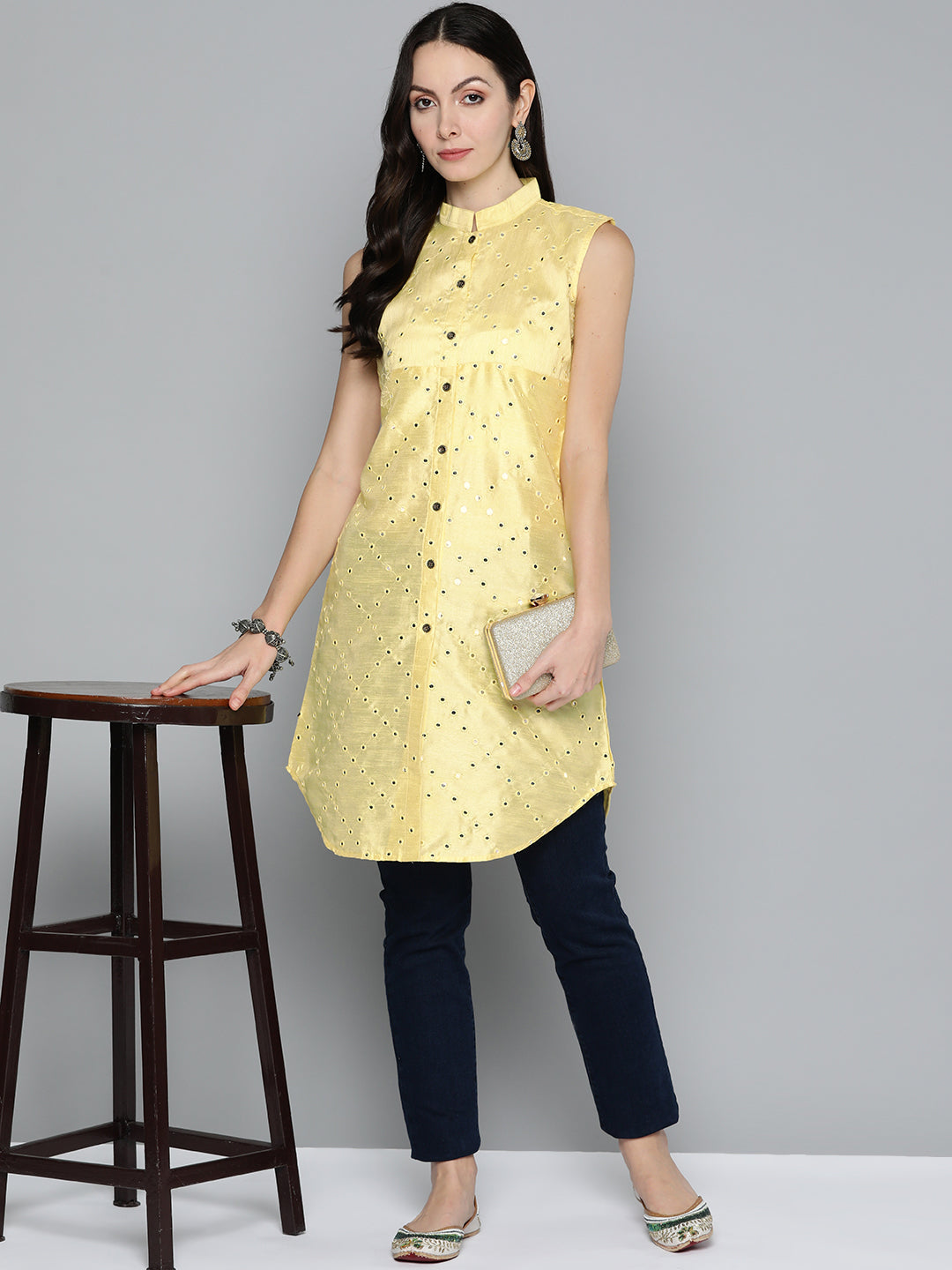 Jompers Women's Geometric Embroidered Mirror Work Kurta - Lemon - Distacart