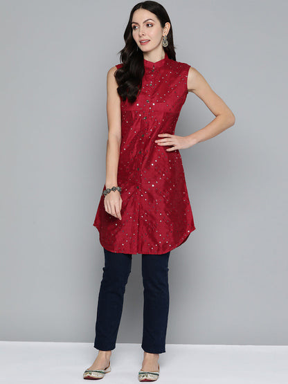 Jompers Women's Geometric Embroidered Mirror Work Kurta - Maroon - Distacart