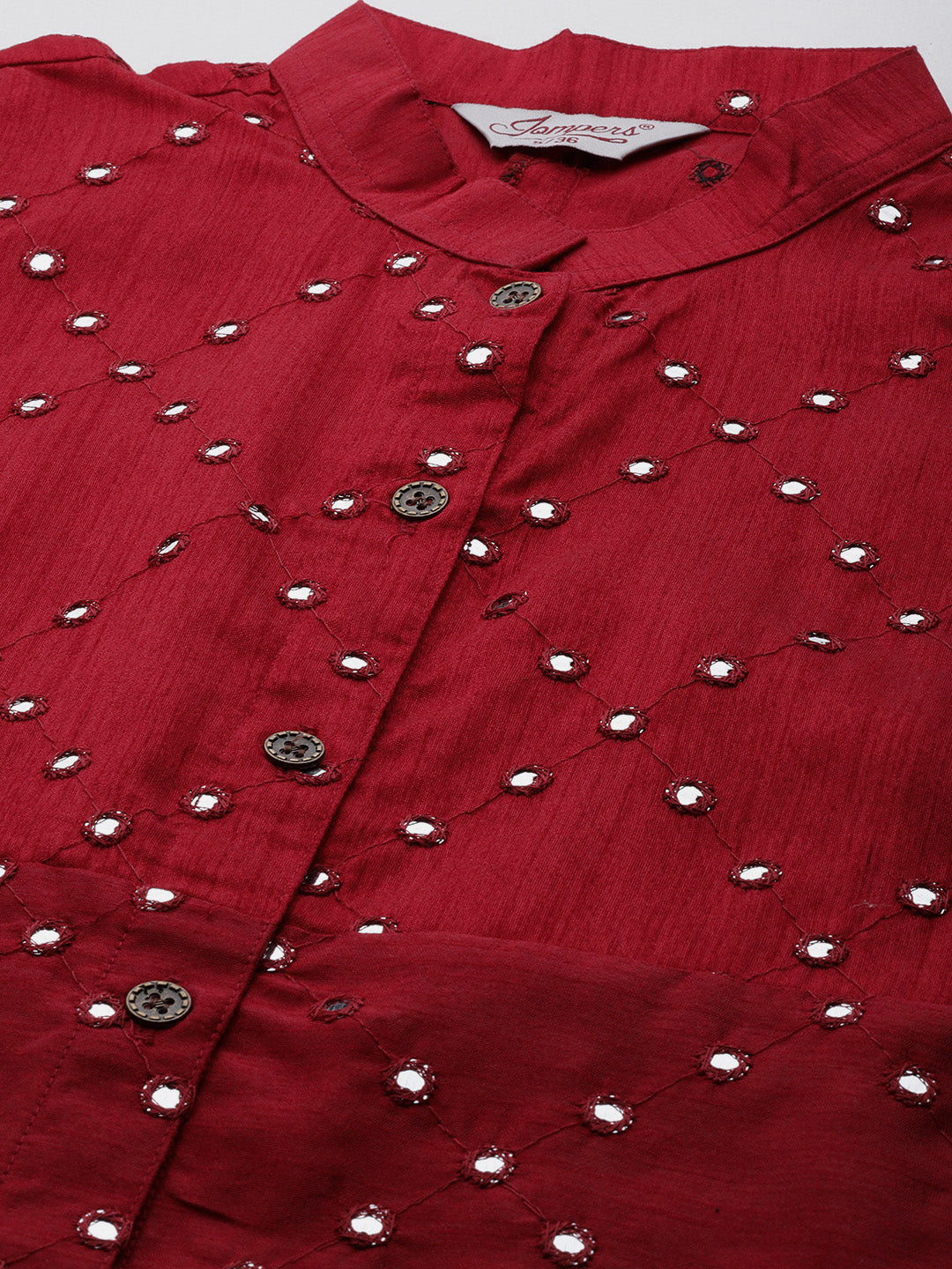 Jompers Women's Geometric Embroidered Mirror Work Kurta - Maroon - Distacart