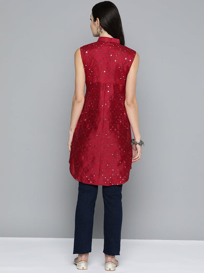 Jompers Women's Geometric Embroidered Mirror Work Kurta - Maroon - Distacart