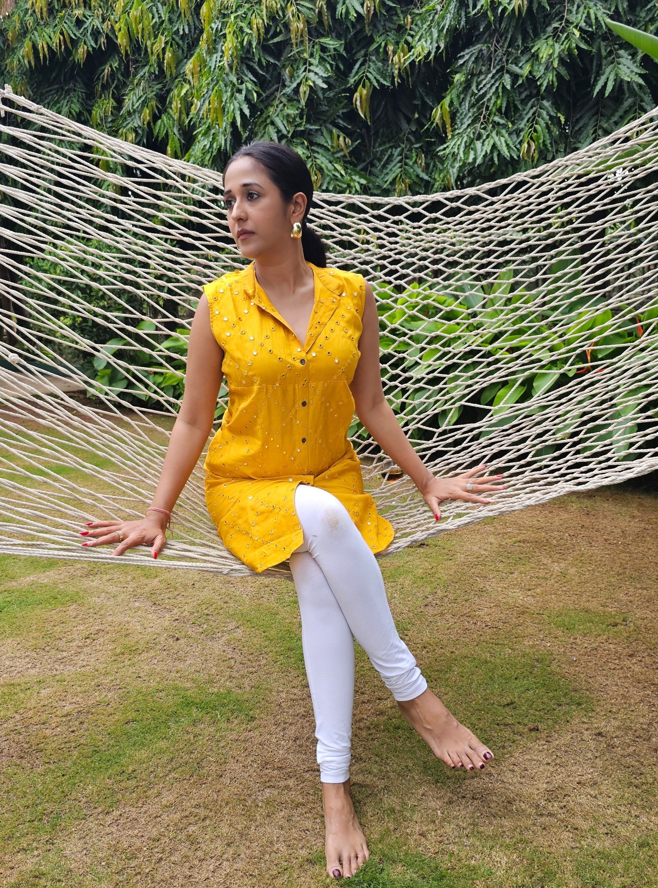 Jompers Women's Geometric Embroidered Mirror Work Kurta - Mustard - Distacart