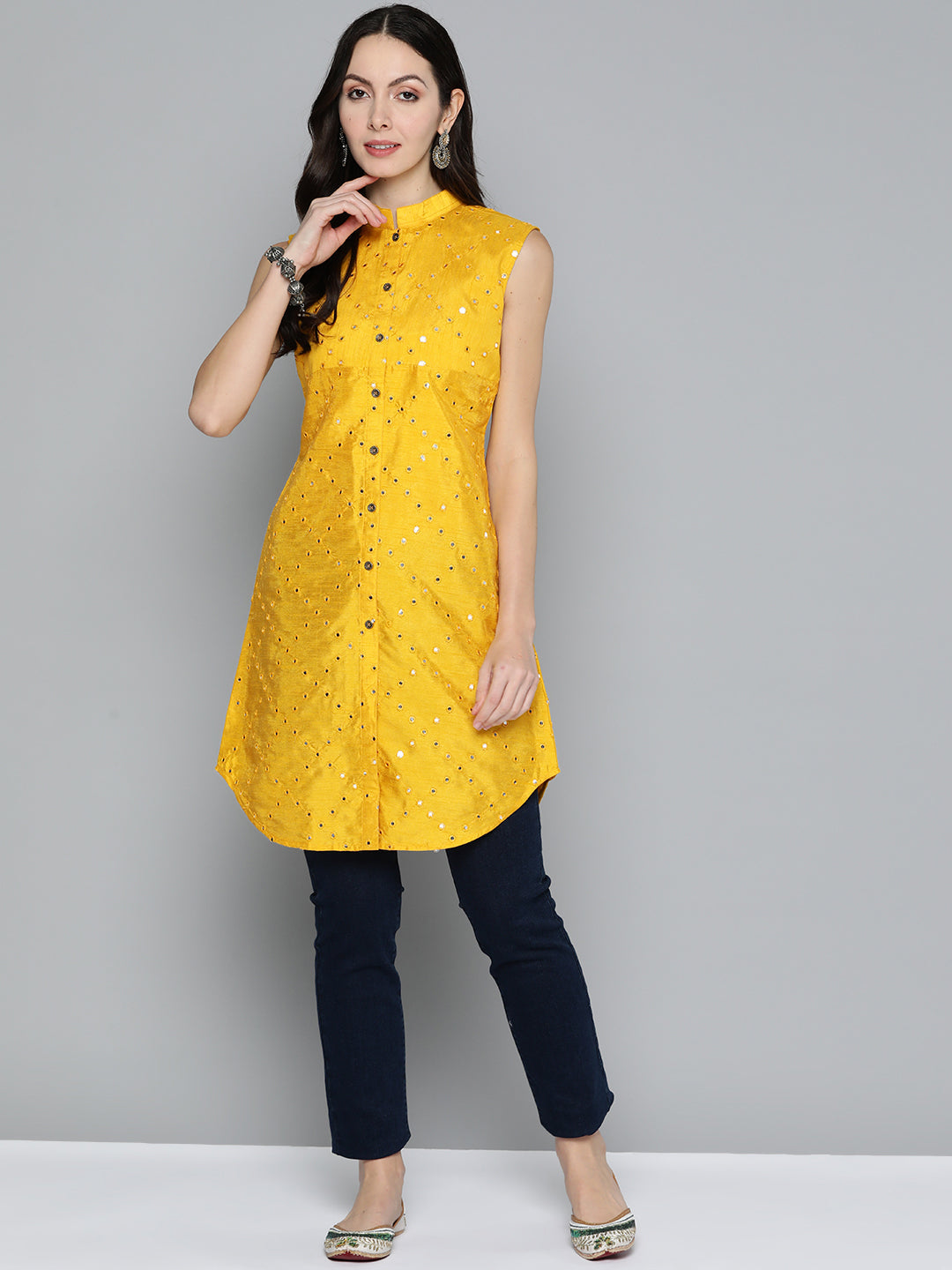 Jompers Women's Geometric Embroidered Mirror Work Kurta - Mustard - Distacart