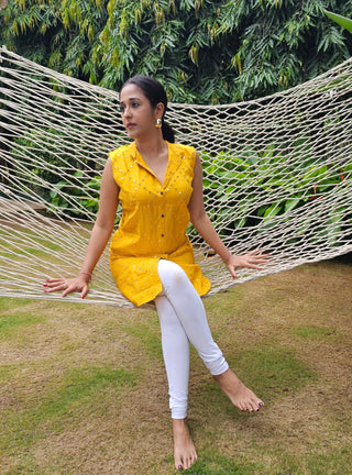 Jompers Women's Geometric Embroidered Mirror Work Kurta - Mustard - Distacart