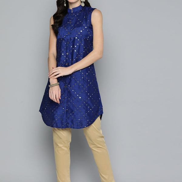 Jompers Women's Geometric Embroidered Mirror Work Kurta - Navy Blue - Distacart