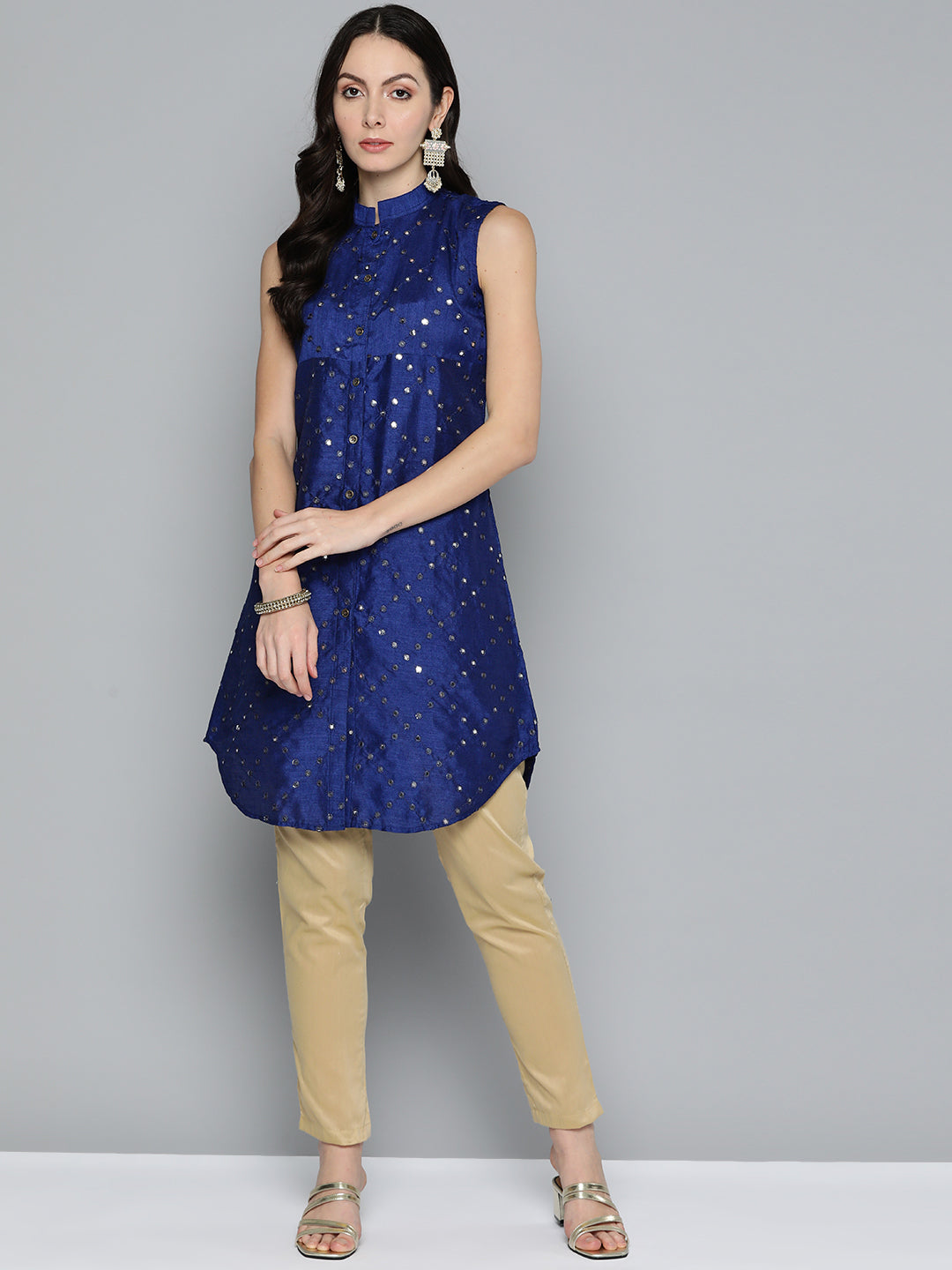 Jompers Women's Geometric Embroidered Mirror Work Kurta - Navy Blue - Distacart