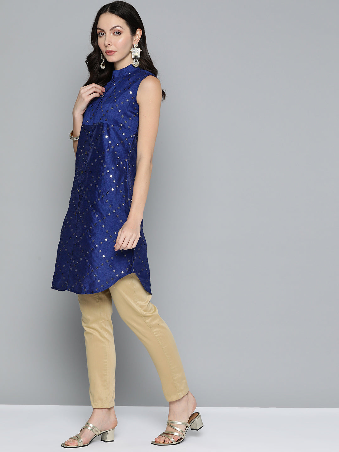 Jompers Women's Geometric Embroidered Mirror Work Kurta - Navy Blue - Distacart