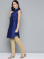 Thumbnail for Jompers Women's Geometric Embroidered Mirror Work Kurta - Navy Blue - Distacart