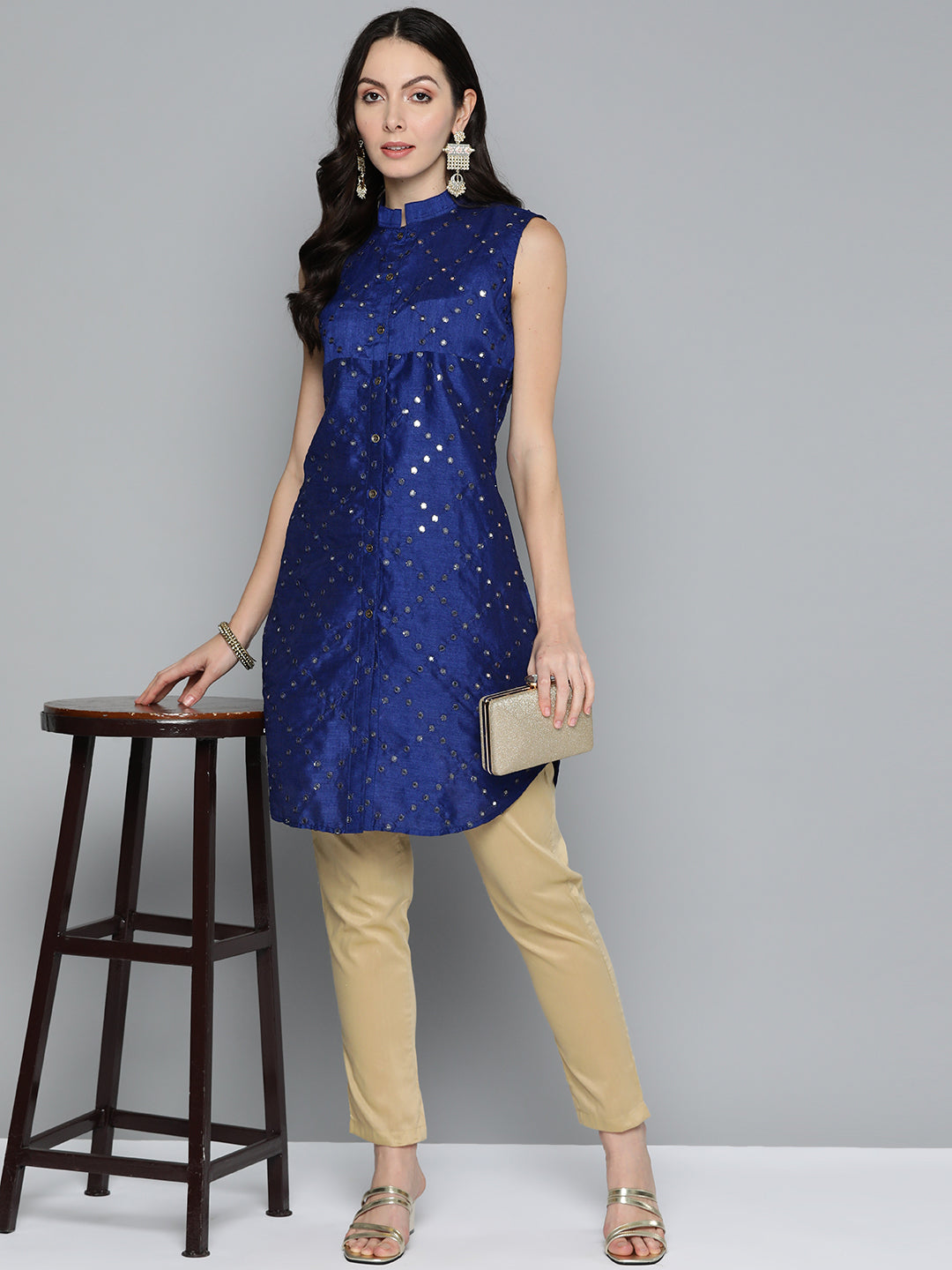 Jompers Women's Geometric Embroidered Mirror Work Kurta - Navy Blue - Distacart