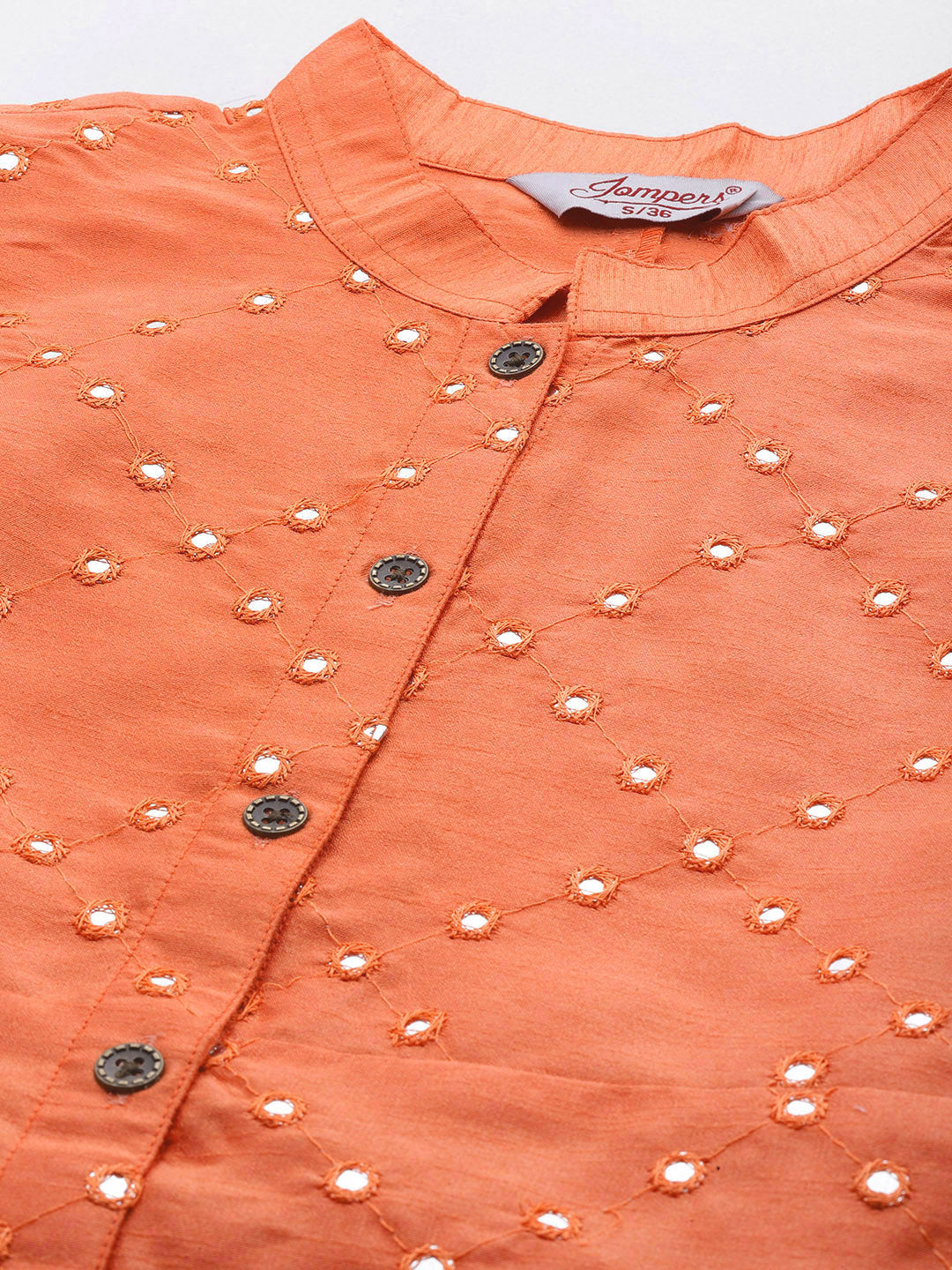 Jompers Women's Geometric Embroidered Mirror Work Kurta - Peach - Distacart