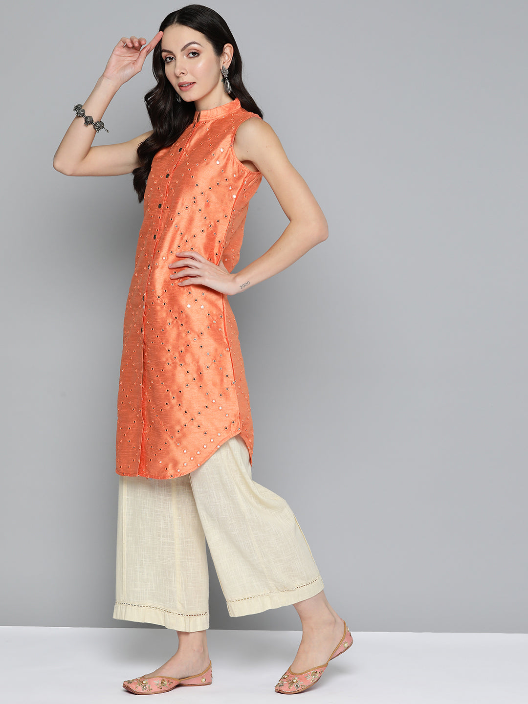 Jompers Women's Geometric Embroidered Mirror Work Kurta - Peach - Distacart