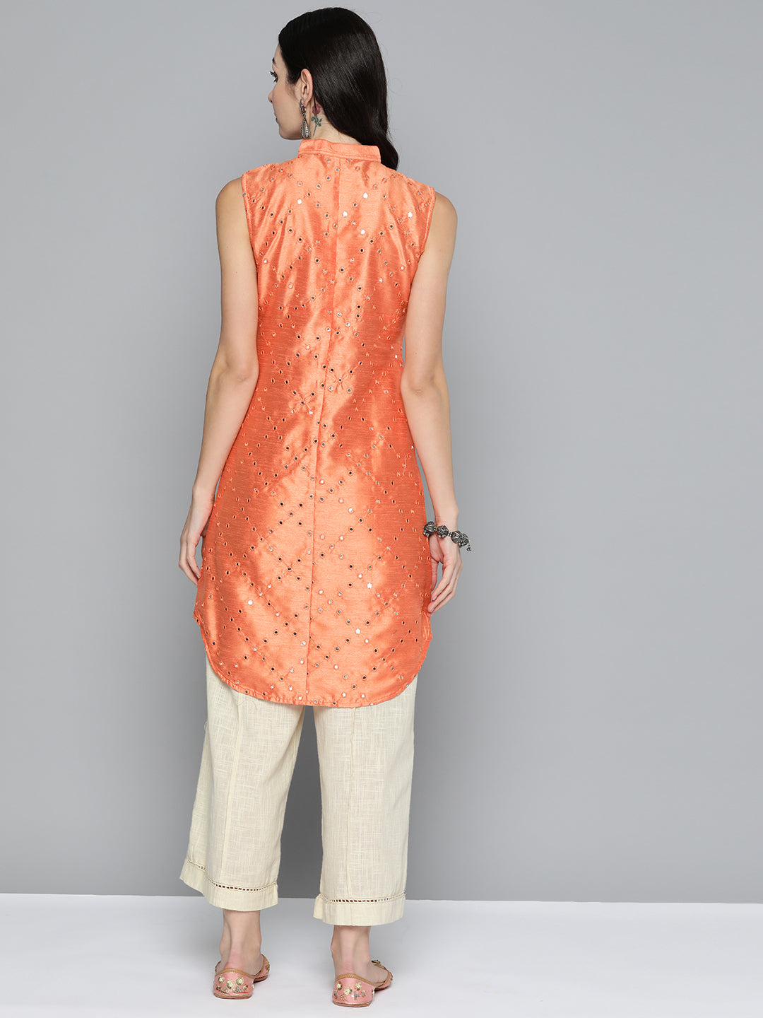 Jompers Women's Geometric Embroidered Mirror Work Kurta - Peach - Distacart