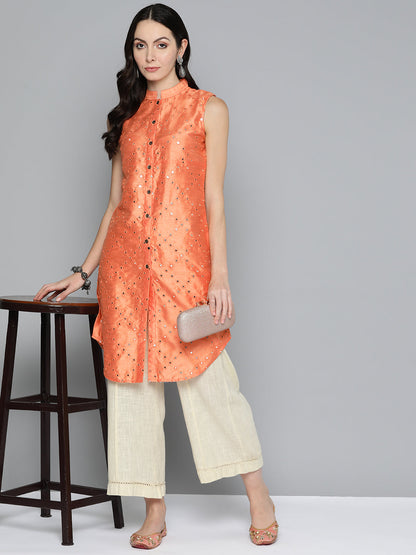 Jompers Women's Geometric Embroidered Mirror Work Kurta - Peach - Distacart