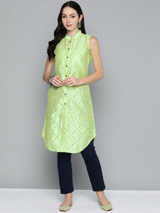 Jompers Women's Geometric Embroidered Mirror Work Kurta - Pista - Distacart