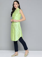 Thumbnail for Jompers Women's Geometric Embroidered Mirror Work Kurta - Pista - Distacart