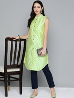 Thumbnail for Jompers Women's Geometric Embroidered Mirror Work Kurta - Pista - Distacart