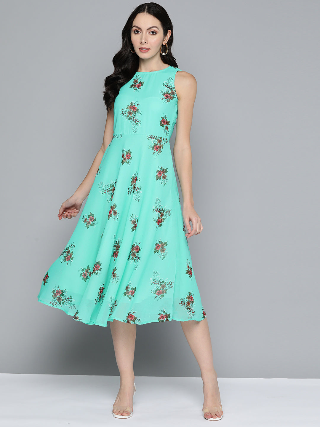 Jompers Women's Floral Print Georgette A-Line Midi Dress - Blue - Distacart