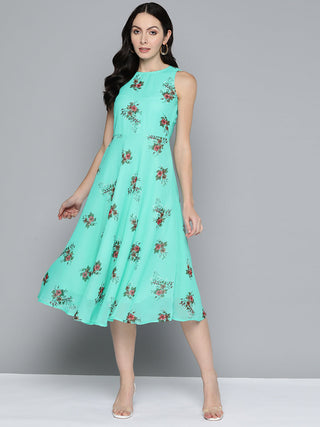 Jompers Women's Floral Print Georgette A-Line Midi Dress - Blue - Distacart