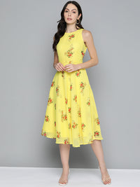 Thumbnail for Jompers Women's Floral Print Georgette A-Line Midi Dress - Yellow - Distacart