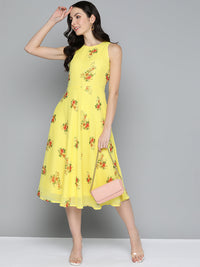 Thumbnail for Jompers Women's Floral Print Georgette A-Line Midi Dress - Yellow - Distacart
