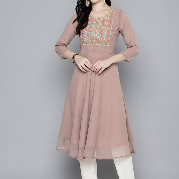 Jompers Women's Embroidered yok flared georgette kurta - Brown - Distacart