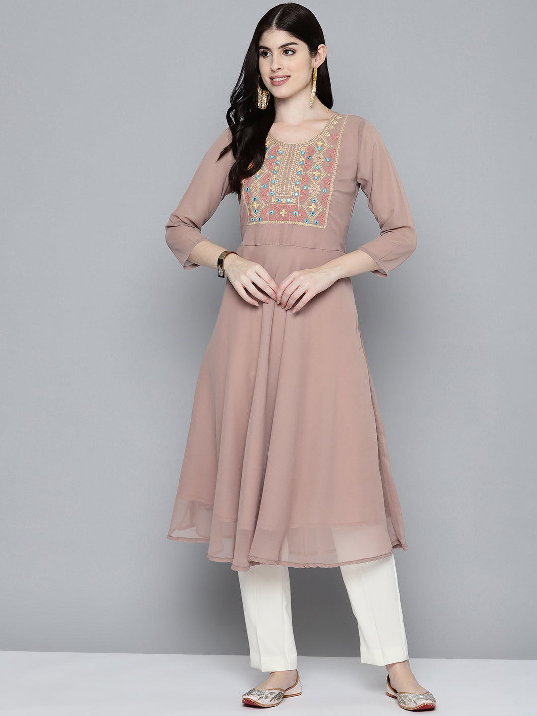 Jompers Women's Embroidered yok flared georgette kurta - Brown - Distacart